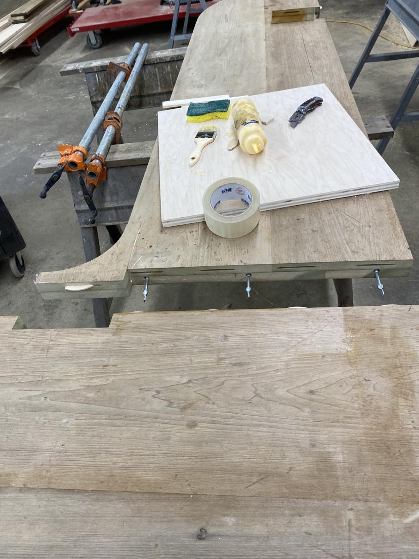 Close-up of curved door and hinge mortise