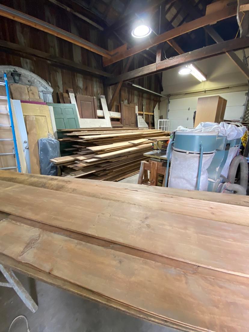 Wide shop view, multiple pieces in progress