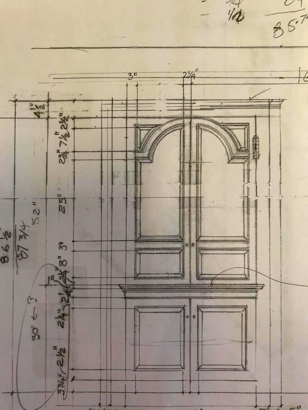 Architectural drawing and shop sketch for corner entertainment cupboard