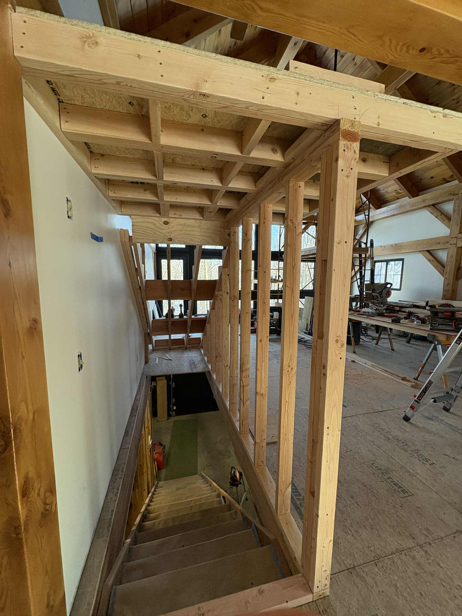 Stair framing from above, corner view showing structural framework